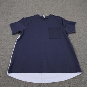 Athleta Shirt Womens Medium Blue Colorblock Short Sleeve Pocket High Low Hem